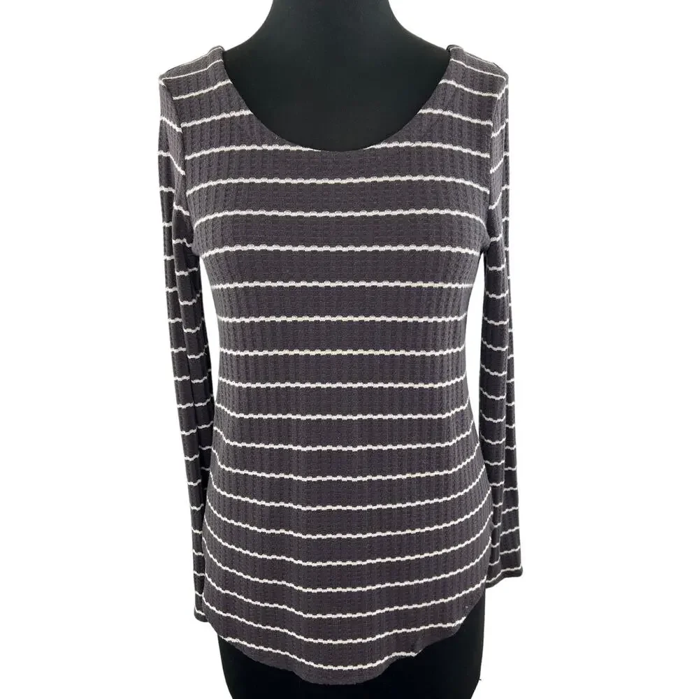 CHASER Gray White Striped Long Sleeve Waffle Knit Women's Top Size S Small